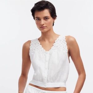Madewell Embroidered Linen V Neck Bubble Top Cropped White Sz 6 NWT